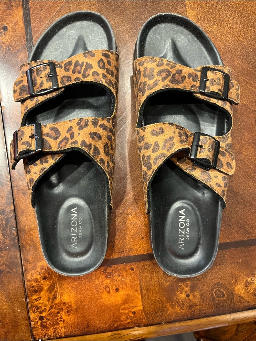 Arizona Jean Company Leopard Print Two-Band Slide Sandals - Black Footbed